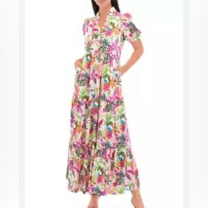 CROWN & IVY pink tropical puff sleeve tiered maxi dress Small